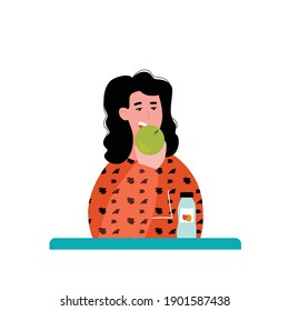 Young woman eating green apple, cartoon girl with fruit snack and yogurt drink sitting behind table isolated on white background. Vector illustration of healthy food.