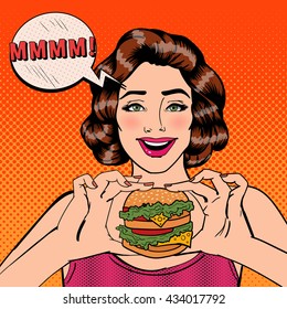 Young Woman Eating Hamburger. Girl With Burger. Pop Art. Vector Illustration