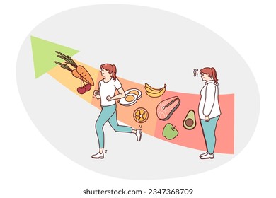 Young woman eating healthy and training following health lifestyle. Girl lose weight do sports strive for good body shape and wellness. Flat vector illustration.