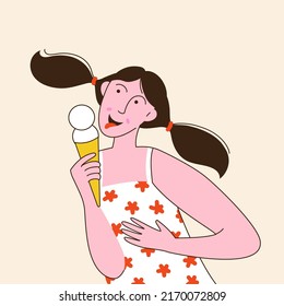 Young woman eating ice cream. Girl enjoying sweet frozen desserts. Girl feeling happy with their ice creamVector illustration