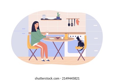 A young woman is eating in the kitchen and has breakfast. Women activity and leisure illustration. Daily routines and everyday activities. A cat is sitting on a chair.