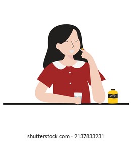 Young Woman Eating more vitamin and supplement. flat design style minimal vector illustration.