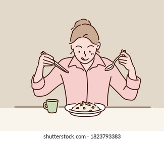 Young Woman Eating Mushroom Rice. Hand drawn style vector design illustrations.