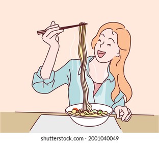 Young Woman Eating Noodles In Chinese Restaurant. Hand Drawn In Thin Line Style, Vector Illustrations.