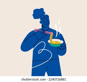 Young woman eating noodles. Colorful vector illustration
