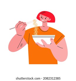 Young woman eating noodles. Vector illustration in flat style.