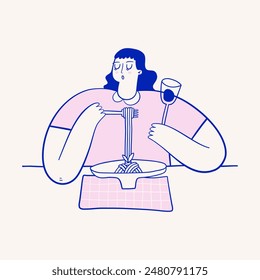 Mujer joven comiendo pasta y bebiendo vino. Concepto de cocina italiana. Ilustración vectorial