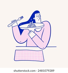 Mujer joven comiendo pasta. Concepto de cocina italiana. Ilustración vectorial