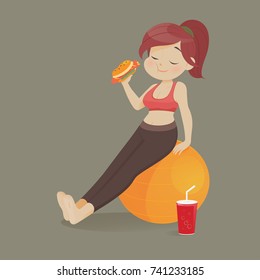 Young woman eating a piece of fast food, Women refuse to exercise, Vector illustration