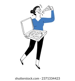 Mujer joven comiendo pizza. Estilo de doodle de línea de ilustración de vector dibujado a mano. 