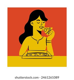 Young woman eating pizza from italian restaurant and enjoys long-awaited dinner. Woman eats appetizing dish. A girl with a slice of pizza. Cartoon flat vector isolated trendy illustration