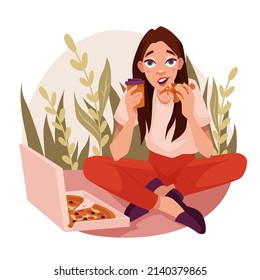 Young woman eating pizza while sitting on the floor and drinking coffee. Meal, lunch or dinner. Сoncept of not proper nutrition. Women routine, everyday life concept. Vector illustration.