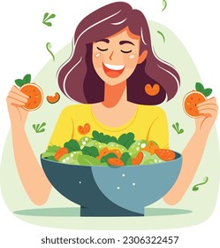 A young woman eating salad