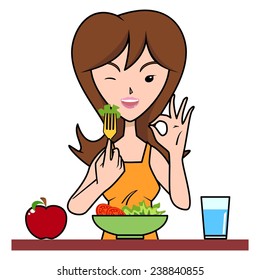 Young woman eating salad, healthy food, vector illustration