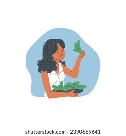 Young woman eating salad, vector illustration isolated on white background. Girl eats green leaves of vegetables with pleasure. Healthy eating, diet and good habits. Drawing in cartoon flat style.