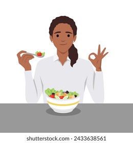 Young woman eating salads. Diet food for life. Healthy foods. Flat vector illustration isolated on white background