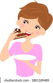 Young Woman Eating Slice Of Chocolate Cake. Cute Clear Backed Vector Illustration For Birthday, Special Occasion Or Bake Sale.