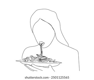 Mujer joven comiendo espaguetis o fideos hechos en casa. Una línea continua dibujada chica comiendo espaguetis. Arte de línea. Mujer de carácter que come comida rápida. Ilustración de pasta.