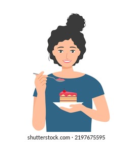 Young woman eating strawberry cake in flat design on white background.