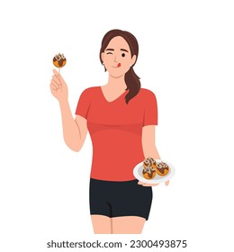 Young woman eating takoyaki. Flat vector illustration isolated on white background