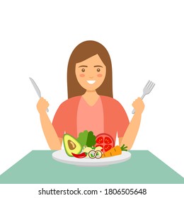 Young woman eating vegetables or salad for good health. Healthy eating concept vector illustration on white background. Diet meal.