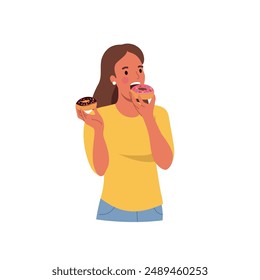 Young woman eats donuts. Vector flat cartoon illustration