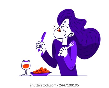 La mujer joven come plato sabroso con una taza de vino, la Ilustración vectorial de una niña disfruta de la comida.