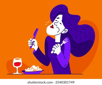 Mujer joven come plato sabroso con una taza de vino, la Ilustración vectorial de una niña disfruta de la comida.