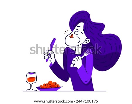Young woman eats tasty dish with a cup of wine, vector illustration of a girl enjoys the food.