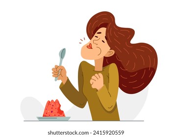 Young woman eats tasty sweet dessert, vector illustration of a girl enjoys the jelly.