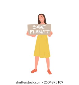 Young woman eco activist cartoon character standing with placard encouraging to save planet