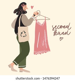 Young woman with eco bag go shopping to swap party or second hand market. girl with pink dress on hanger. cartoon flat trendy illustration. vector design.