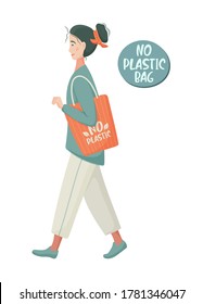 Young woman with eco bag. No plastic. Eco style. Go green. Reusable grocery eco bag. Use cloth bags. Caring for the environment. Shopping without waste. Isolated vector illustration in flat style.