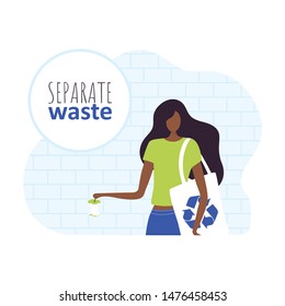 Young woman with ecology bag is separating garbage in the bin. Vector Illustration recycle waste concept in flat style. Save the environment. Management rubbish in the dustbin poster