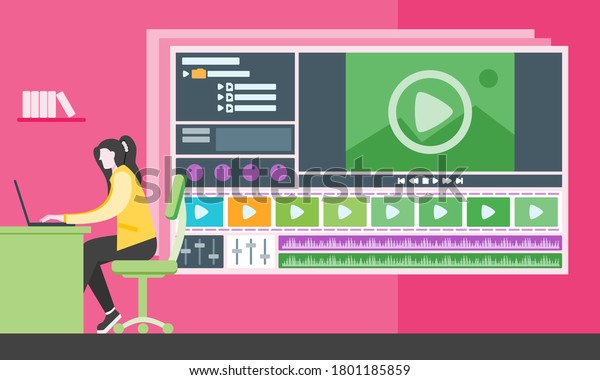 Young Woman Editing Video for Production as\
Female Content Creator, Girl Producer or Freelancer in Front of\
Laptop. Work from Home or Office Illustration. Can be Used for\
Digital & Print\
Infographic
