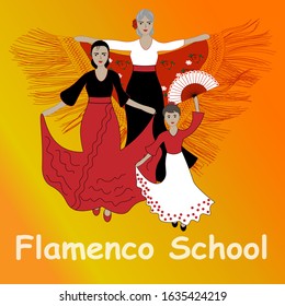 Young woman, elderly woman and child are dancing flamenco. Advertising of dance school for all ages or International Dance Day.