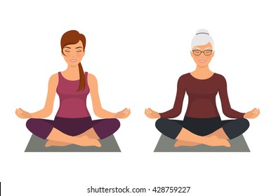 Young woman and elderly meditating woman sitting in yoga lotus pose