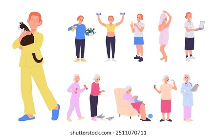 Young woman and elderly retired female cartoon characters daily life routine from morning to evening