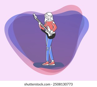 Young woman with electric guitar flat vector illustration. Female musician playing musical instrument. Music, hobby, concert concept.