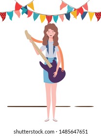 young woman with electric guitar on white background