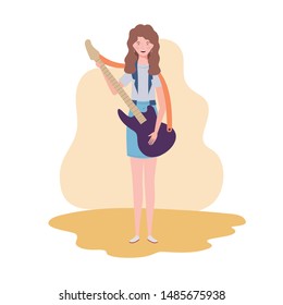 young woman with electric guitar on white background