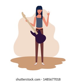 young woman with electric guitar on white background