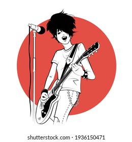 Young woman with electric guitar in sketch style on red background. Vector illustration.