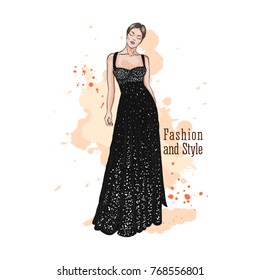 Young woman in elegant evening dress in sequin. Hand drawn sketch. Vector illustration.