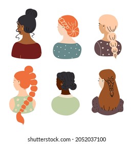 A young  woman with elegant hairstyle. Rear view. Beauty salon concept. Creative color and cut, wedding style, blow dry and styling. 
