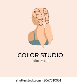 An young  woman with elegant hairstyle. Rear view. Beauty salon concept. Creative color and cut, wedding style, blow dry and styling. 
