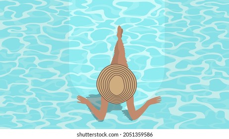 Joven con elegante sombrero sentada en la piscina y disfrutar de sus vacaciones.