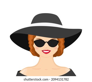 Young woman in elegant hat and sunglasses. Cartoon flat style. Vector illustration