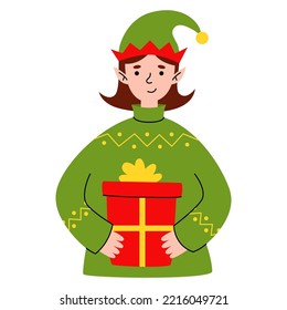 Young woman in elf hat with New Year gifts. Funny cartoon characters preparing for Christmas. Girl receiving presents. Christmas sale or Secret Santa surprises concept. Vector flat illustration.