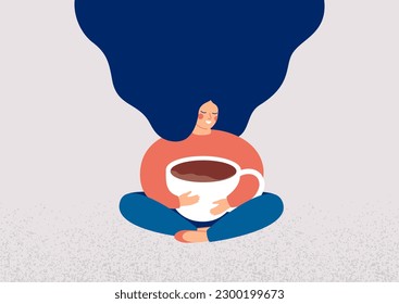 La joven toma una gran taza de café con placer. Una chica sonriente se sienta en un loto posando con los ojos cerrados y sostiene una taza de cacao. Concepto de hábitos alimentarios saludables y positivos para el cuerpo. Ilustración del vector